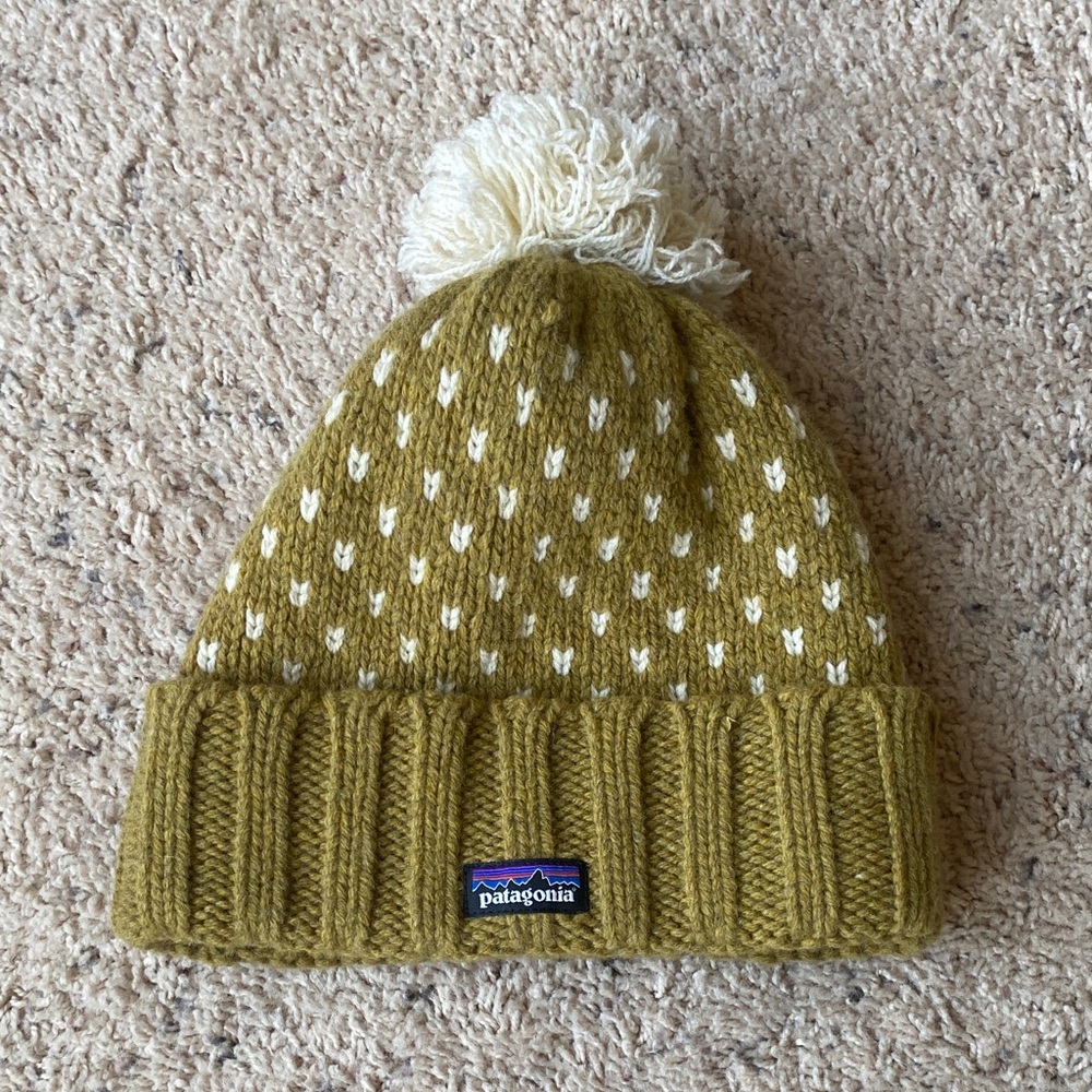 Patagonia Olive Knit Pom Beanie with Cream Accents